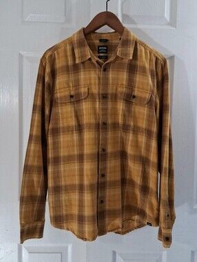 prAna Men’s Edgewater Flannel Plaid Shirt L Yellow Brown VGUC